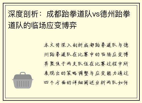深度剖析：成都跆拳道队vs德州跆拳道队的临场应变博弈