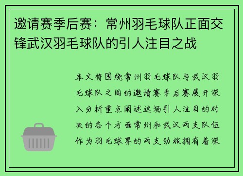 邀请赛季后赛：常州羽毛球队正面交锋武汉羽毛球队的引人注目之战