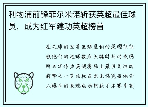 利物浦前锋菲尔米诺斩获英超最佳球员，成为红军建功英超榜首